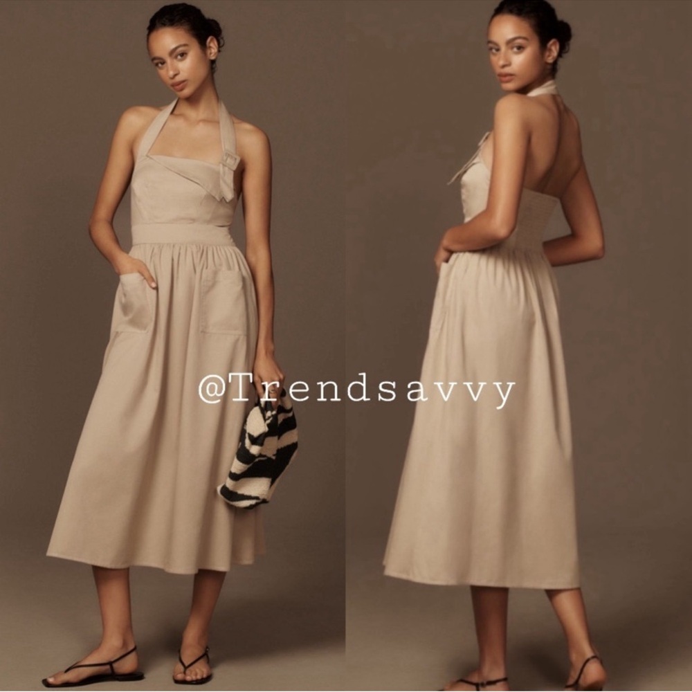 Anthropologie Porridge Taupe Halter Midi Dress Cotton Utility Small Resort Chic